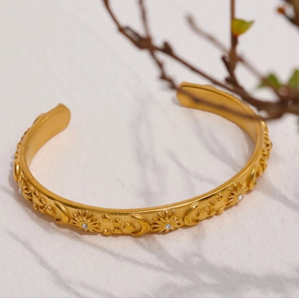 14k Gold Plated Moon & Stars Cuff Bracelet